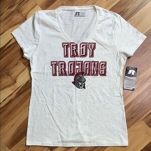 3 for $20 RUSSELL Troy Trojans Graphic V-Neck Short Sleeve T-Shirt Top White S
